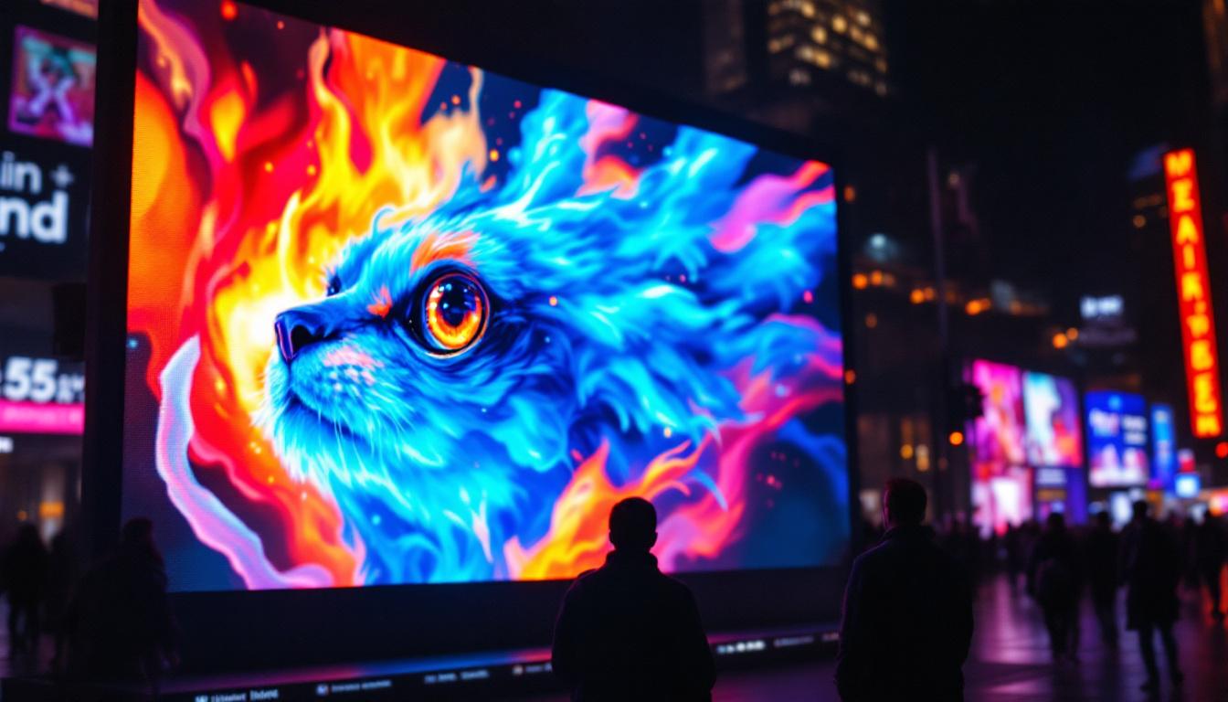 A photograph of a vibrant led display showcasing dynamic visuals or graphics