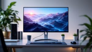 A photograph of a stylish and ergonomic computer screen stand in a modern workspace