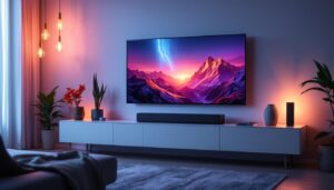 A photograph of capture a photograph of a sleek 22-inch sound bar prominently displayed in a modern living room setting