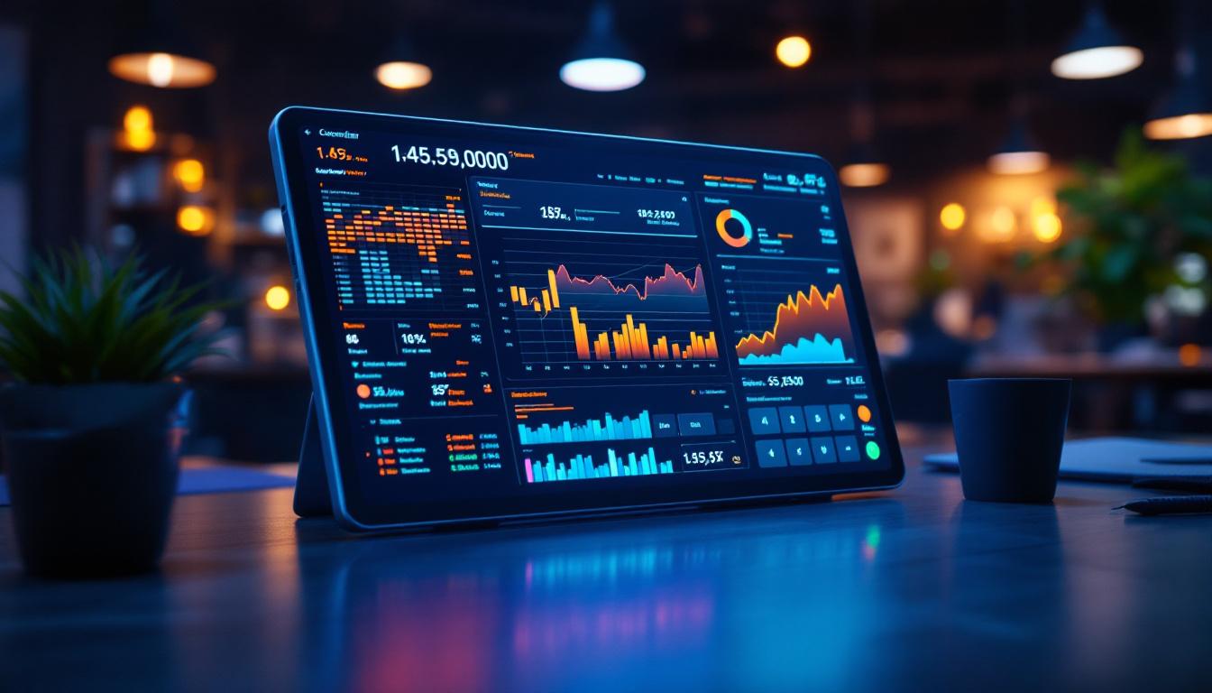 A photograph of a sleek screen calculator projector in a modern workspace setting
