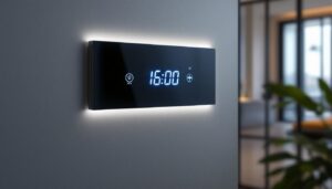 A photograph of a sleek wall access panel with an integrated led display