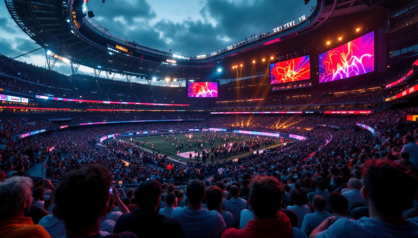 A photograph of a vibrant stadium scene showcasing led advertising boards in action
