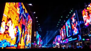 A photograph of a vibrant led display in action