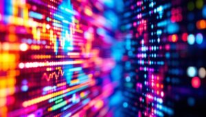 A photograph of a close-up shot of a vibrant led display screen showing dynamic visuals or graphics