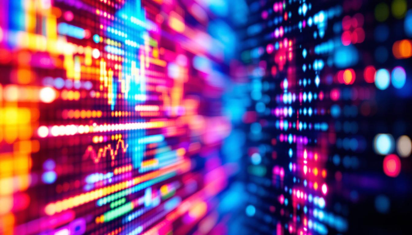 A photograph of a close-up shot of a vibrant led display screen showing dynamic visuals or graphics