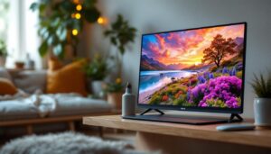 A photograph of capture a photograph of a sleek portable tv monitor displaying vibrant visuals in a cozy living space