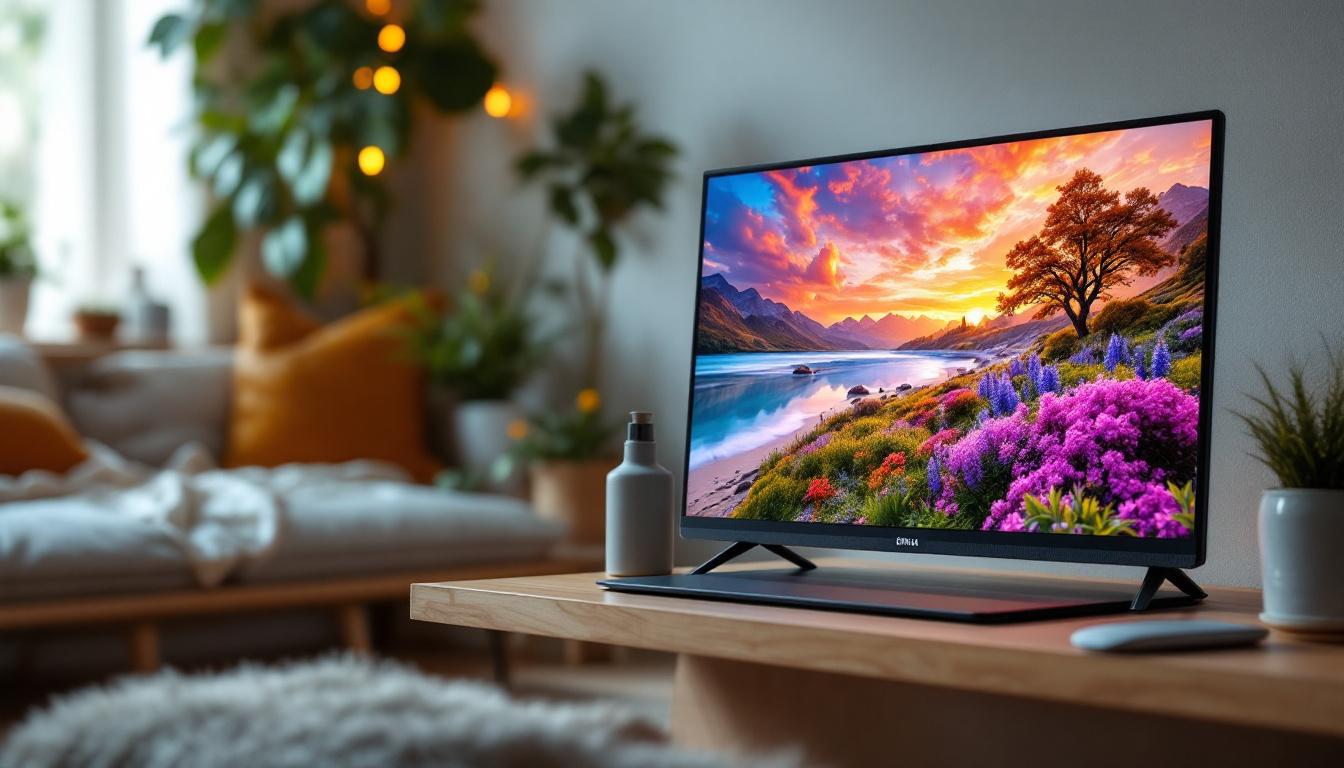 A photograph of capture a photograph of a sleek portable tv monitor displaying vibrant visuals in a cozy living space