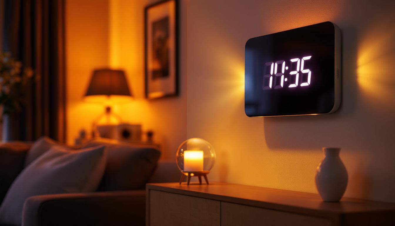 A photograph of a sleek wall clock projector in action