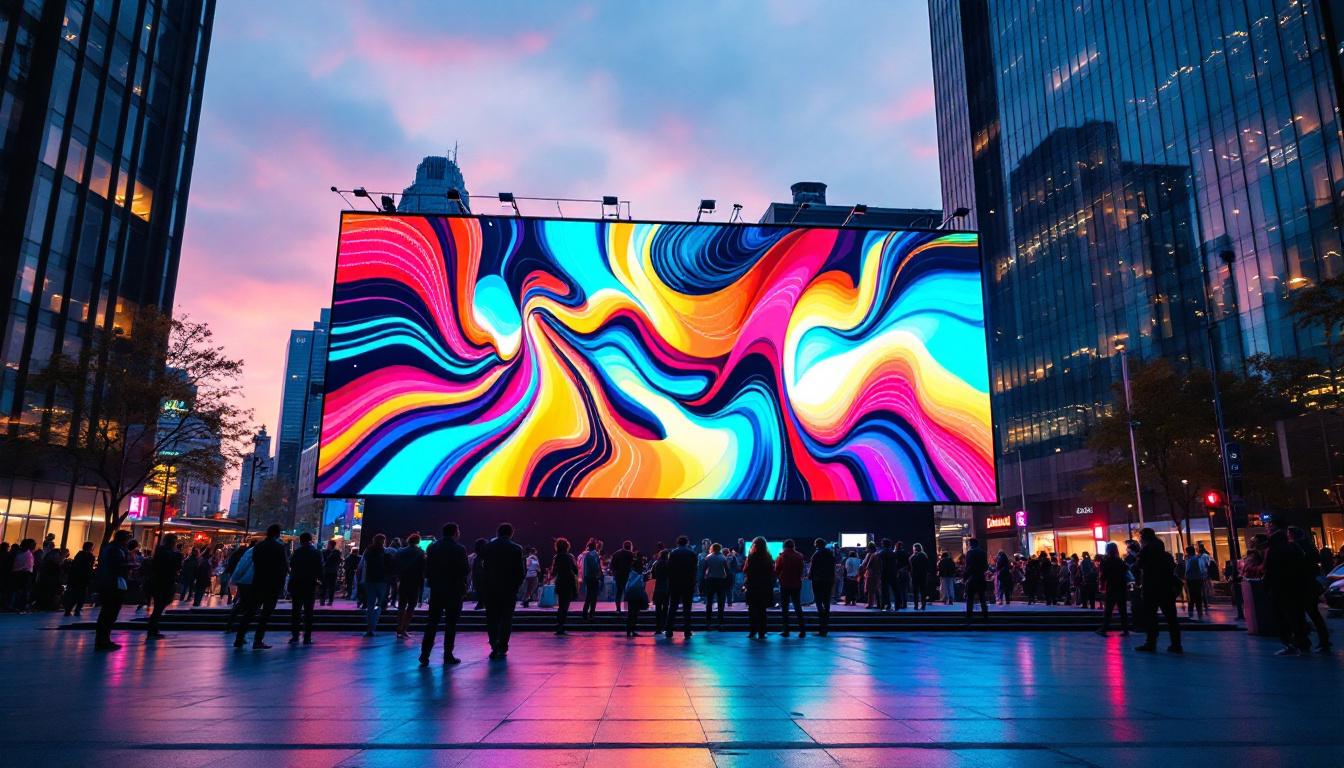 A photograph of a vibrant led display in an urban setting at dusk
