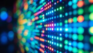 A photograph of a vibrant led matrix display in action