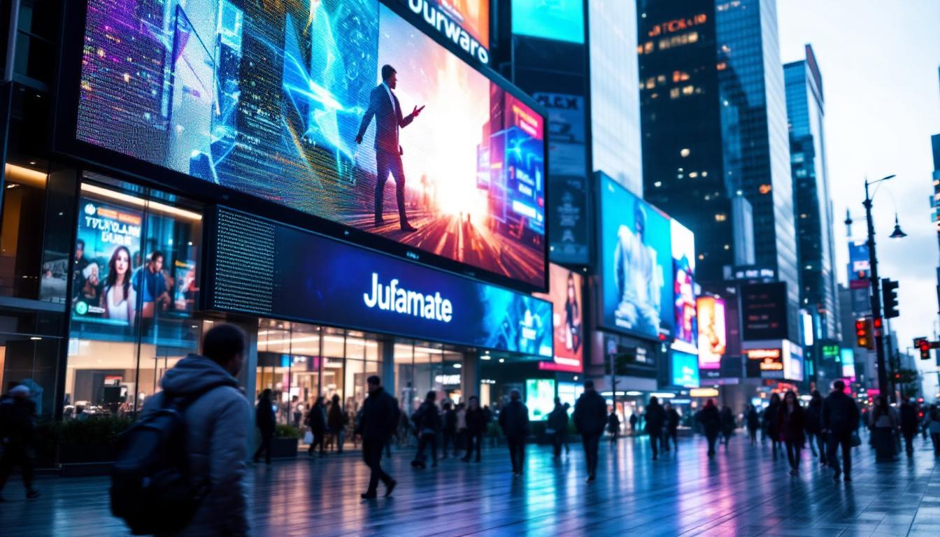 A photograph of a vibrant led digital advertising screen in a bustling urban setting