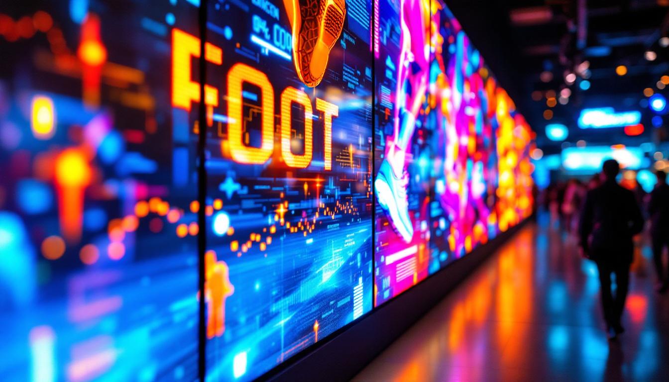 A photograph of a vibrant led display showcasing dynamic foot-related visuals