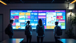 A photograph of a vibrant digital notice board in a school setting