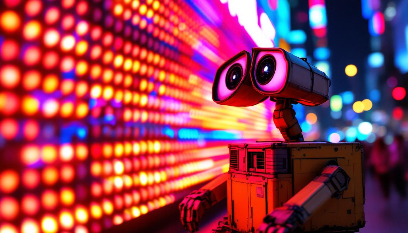 A photograph of a vibrant led display featuring wall-e's iconic character
