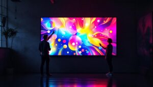 A photograph of a vibrant led display projecting a colorful image onto a textured wall