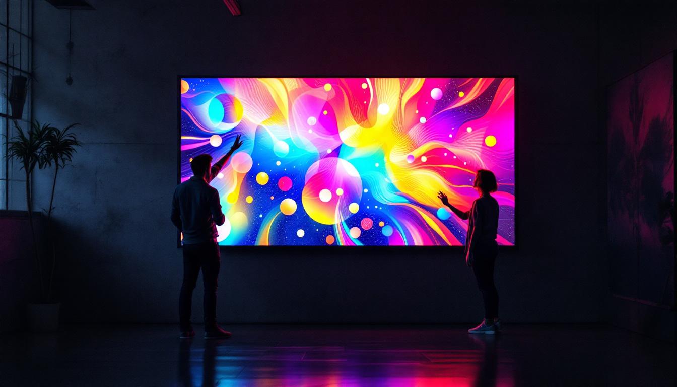 A photograph of a vibrant led display projecting a colorful image onto a textured wall