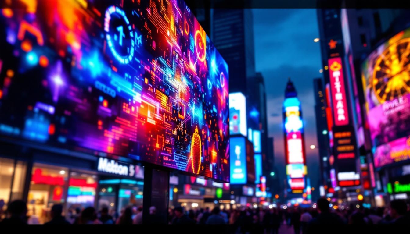 A photograph of a vibrant led display showcasing a dynamic pixel art design