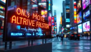A photograph of a vibrant led ribbon board displaying dynamic graphics and text in an urban setting