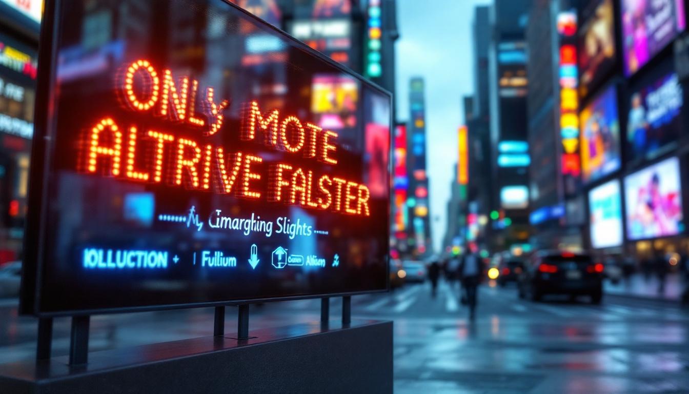 A photograph of a vibrant led ribbon board displaying dynamic graphics and text in an urban setting