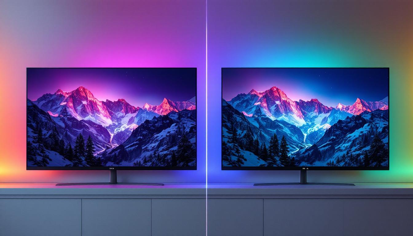A photograph of a side-by-side comparison of two led displays showcasing the differences in image quality and color vibrancy between dp 1.4a and dp 1.4