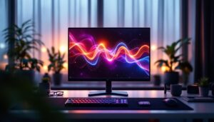 A photograph of a sleek debezel monitor displaying vibrant led graphics in a modern workspace setting