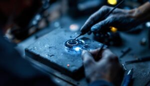 A photograph of a skilled jeweler meticulously crafting a bezel setting for a gemstone