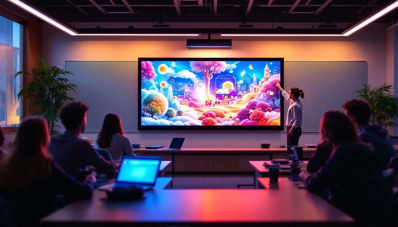 A photograph of a modern classroom setting featuring a vibrant led display in use