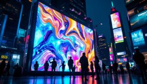 A photograph of a vibrant led display in an urban setting