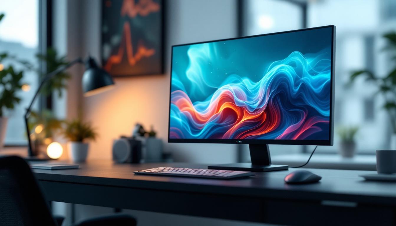 A photograph of a sleek ultra-thin desktop monitor displaying vibrant visuals