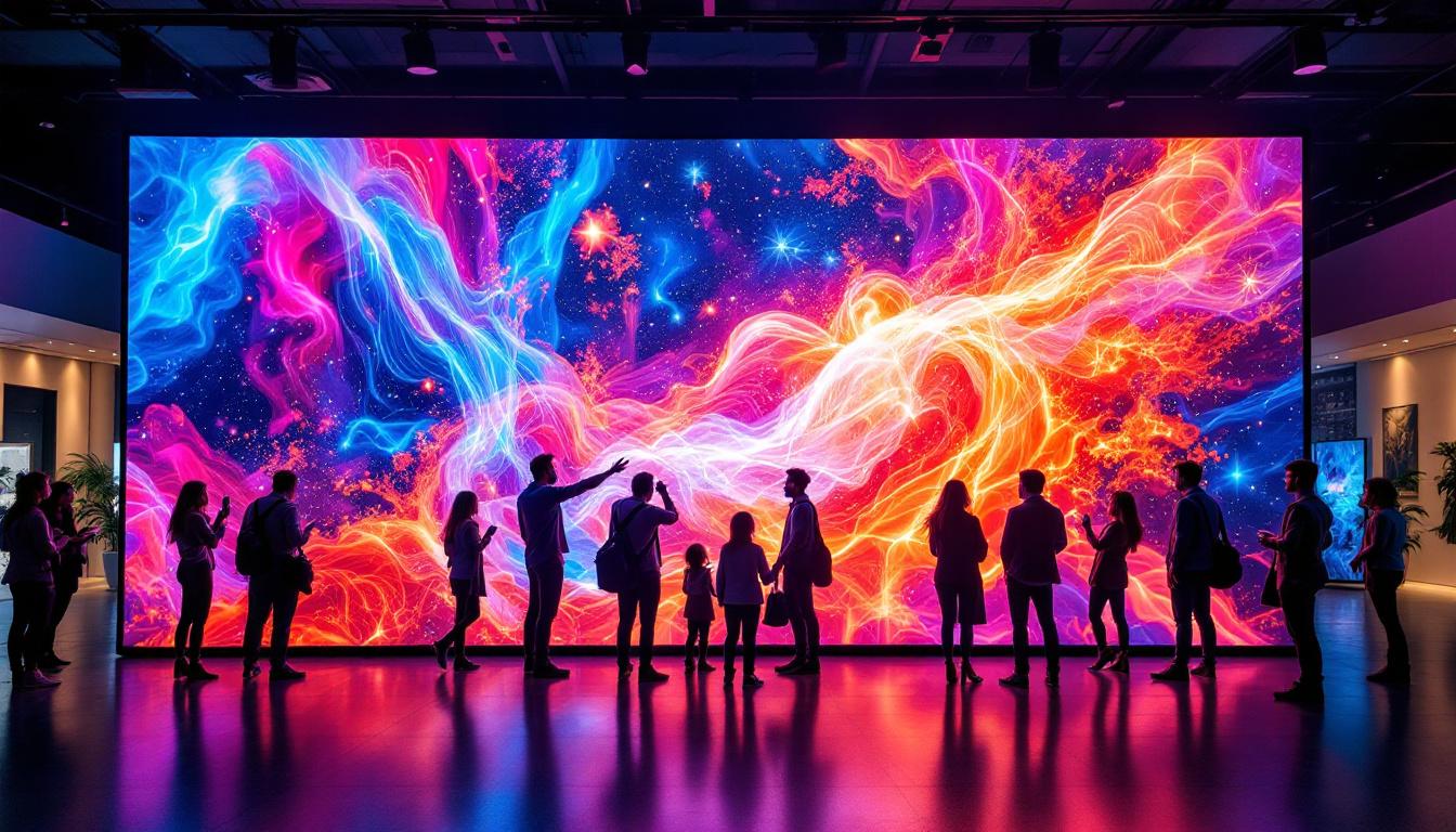 A photograph of a vibrant led photo board displaying a stunning array of images