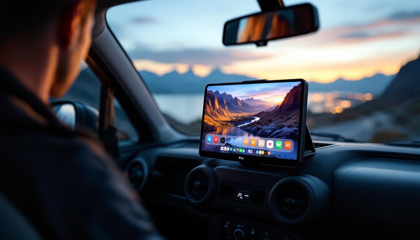 A photograph of a portable tv set up inside a car