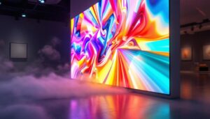 A photograph of a vibrant led display in an artistic setting