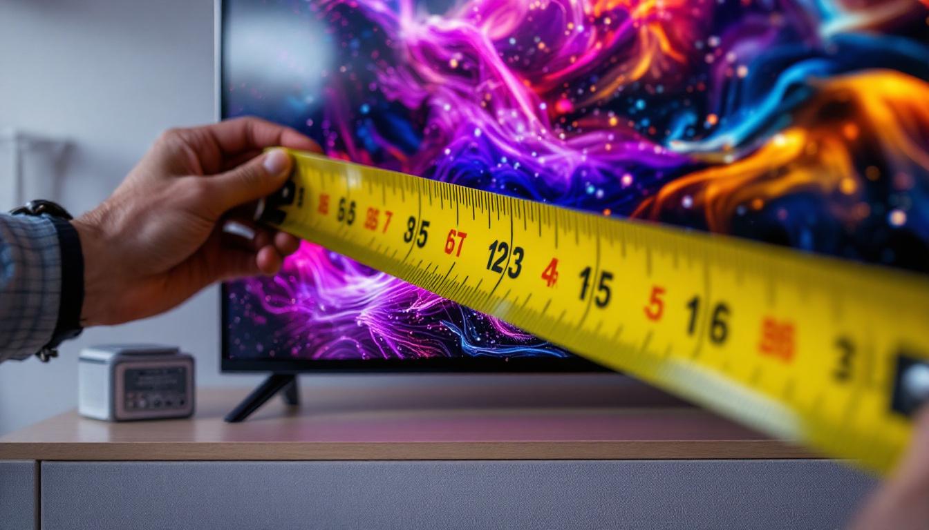 A photograph of a person using a measuring tape to measure the diagonal length of a tv screen