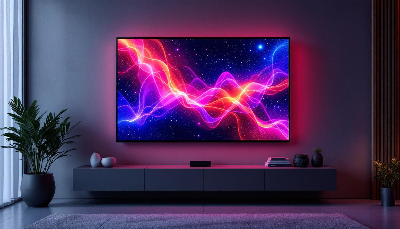 A photograph of a vibrant led display showcasing dynamic visuals and colors