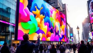 A photograph of a vibrant led display in a bustling urban environment