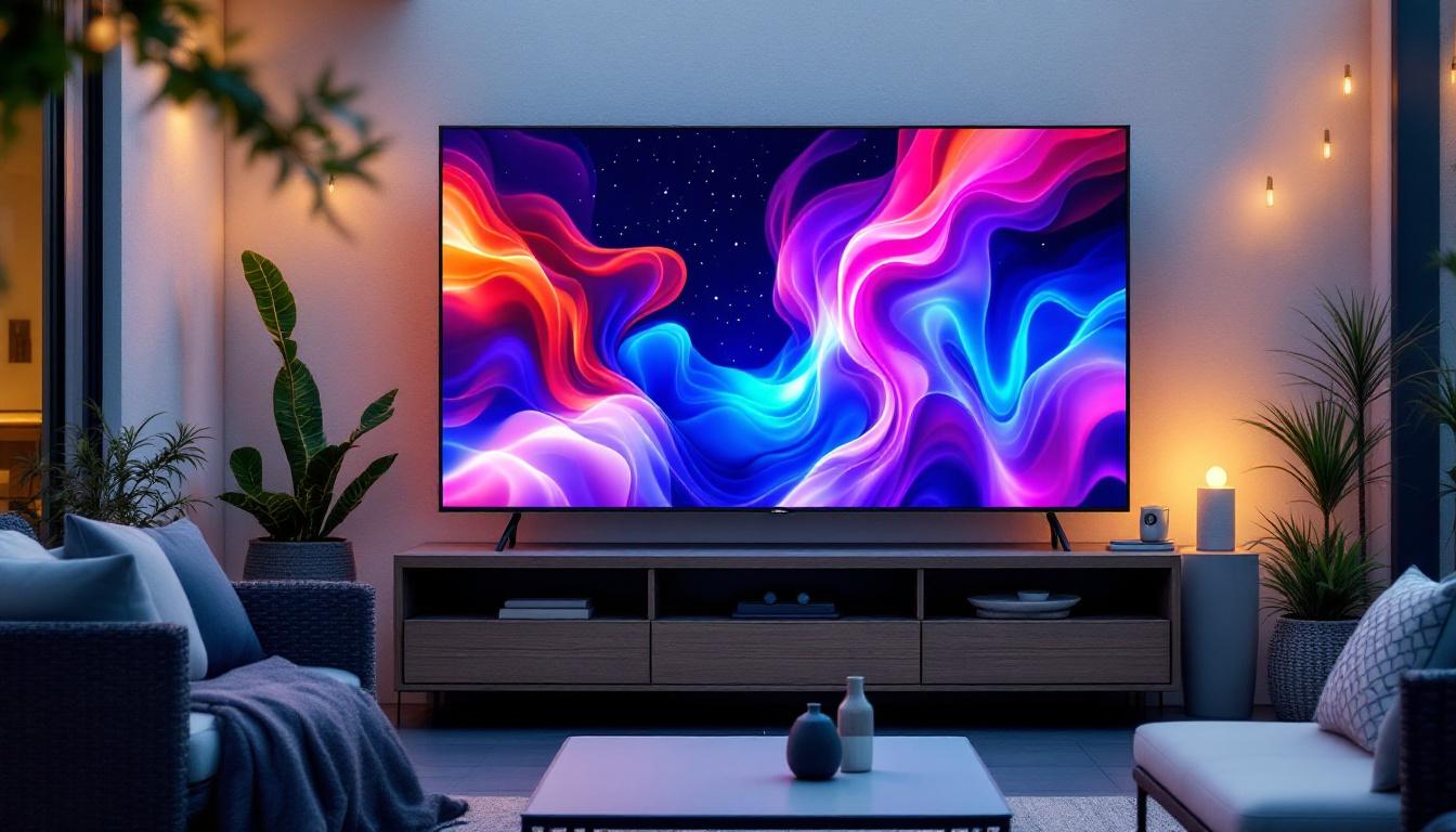 A photograph of a 60-inch outdoor tv set up in a backyard or patio setting