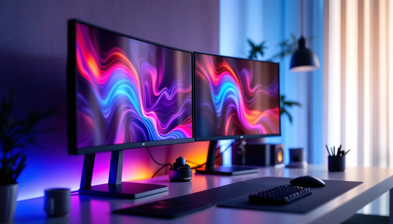 A photograph of a sleek dual monitor desk setup featuring vibrant led displays