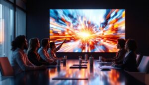 A photograph of a modern conference room showcasing a large led display in use