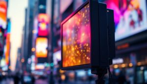 A photograph of capture a photograph of a vibrant led display in a dynamic urban setting