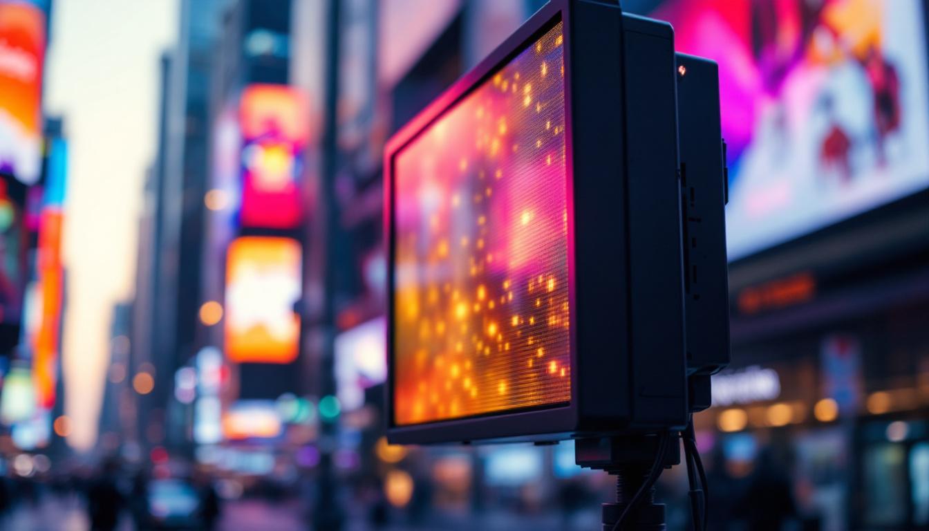 A photograph of capture a photograph of a vibrant led display in a dynamic urban setting