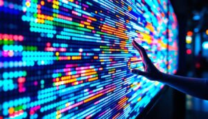 A photograph of a close-up of a vibrant led display in action