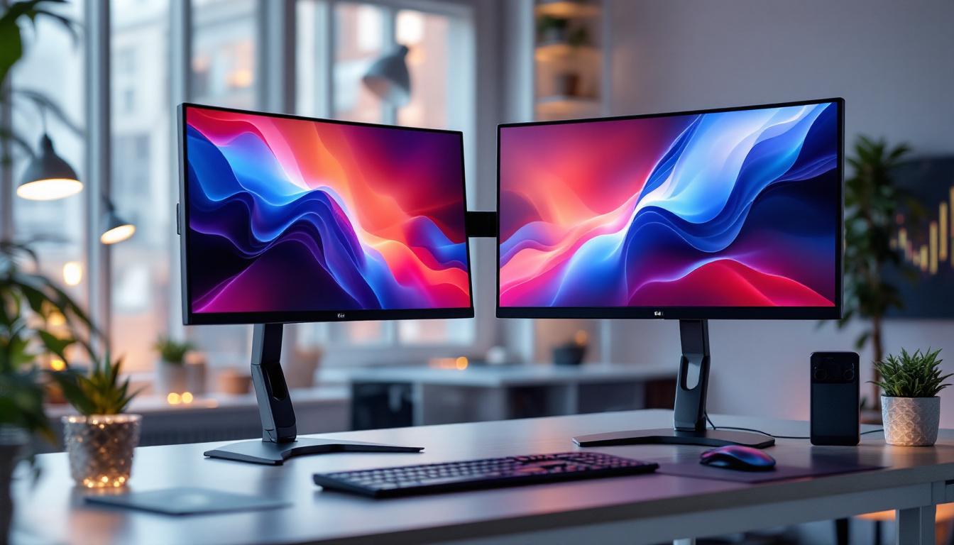 A photograph of a sleek dual monitor stand showcasing two 27-inch led displays side by side