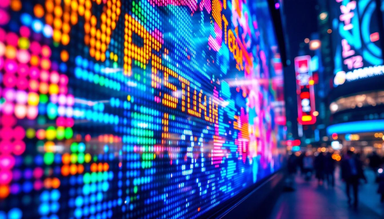 A photograph of a vibrant led display showcasing dynamic colors and patterns in a lively urban setting