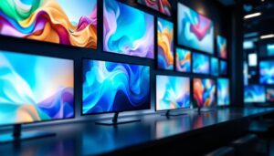 A photograph of a variety of lcd and led screens of different sizes displayed in a modern setting