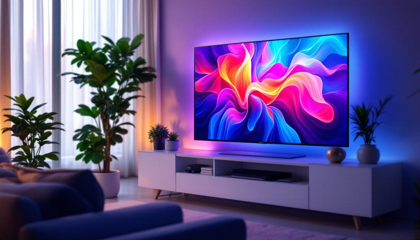 A photograph of a modern led tv displaying vibrant colors in a well-lit living room setting
