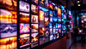 A photograph of a vibrant led display showcasing a variety of printed photos