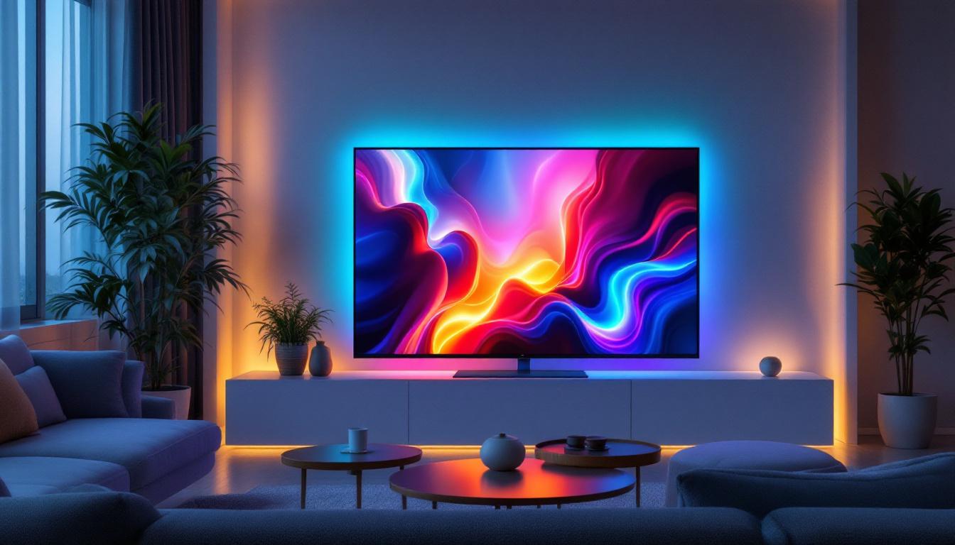 A photograph of a sleek led lcd tv displaying vibrant colors and sharp images in a modern living room setting