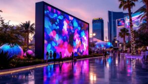 A photograph of capture a photograph of a vibrant led display in one of las vegas's big parks