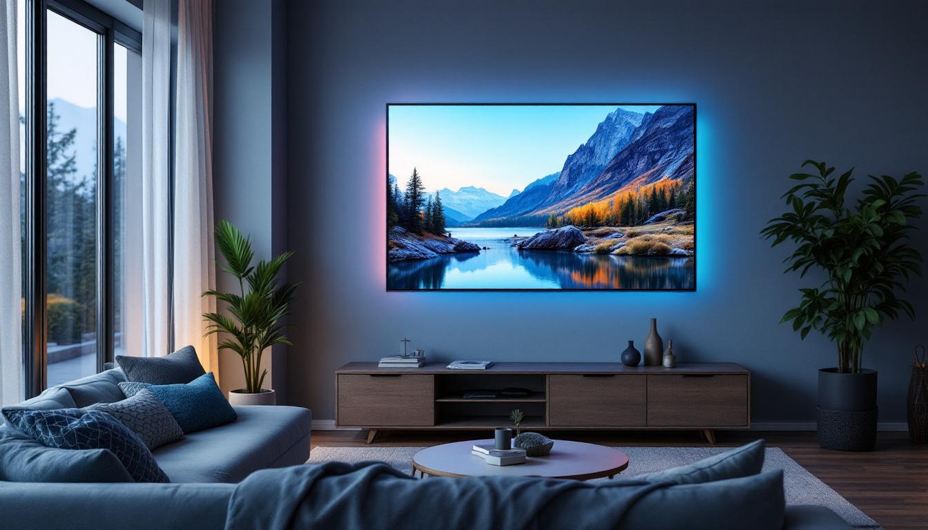 A photograph of a modern indoor setting featuring a high-quality led display projector screen mounted on a wall