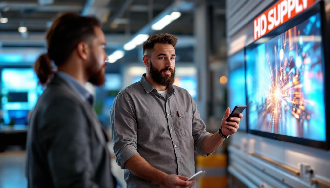 A photograph of a knowledgeable sales representative from hd supply engaging with a customer in a well-lit showroom